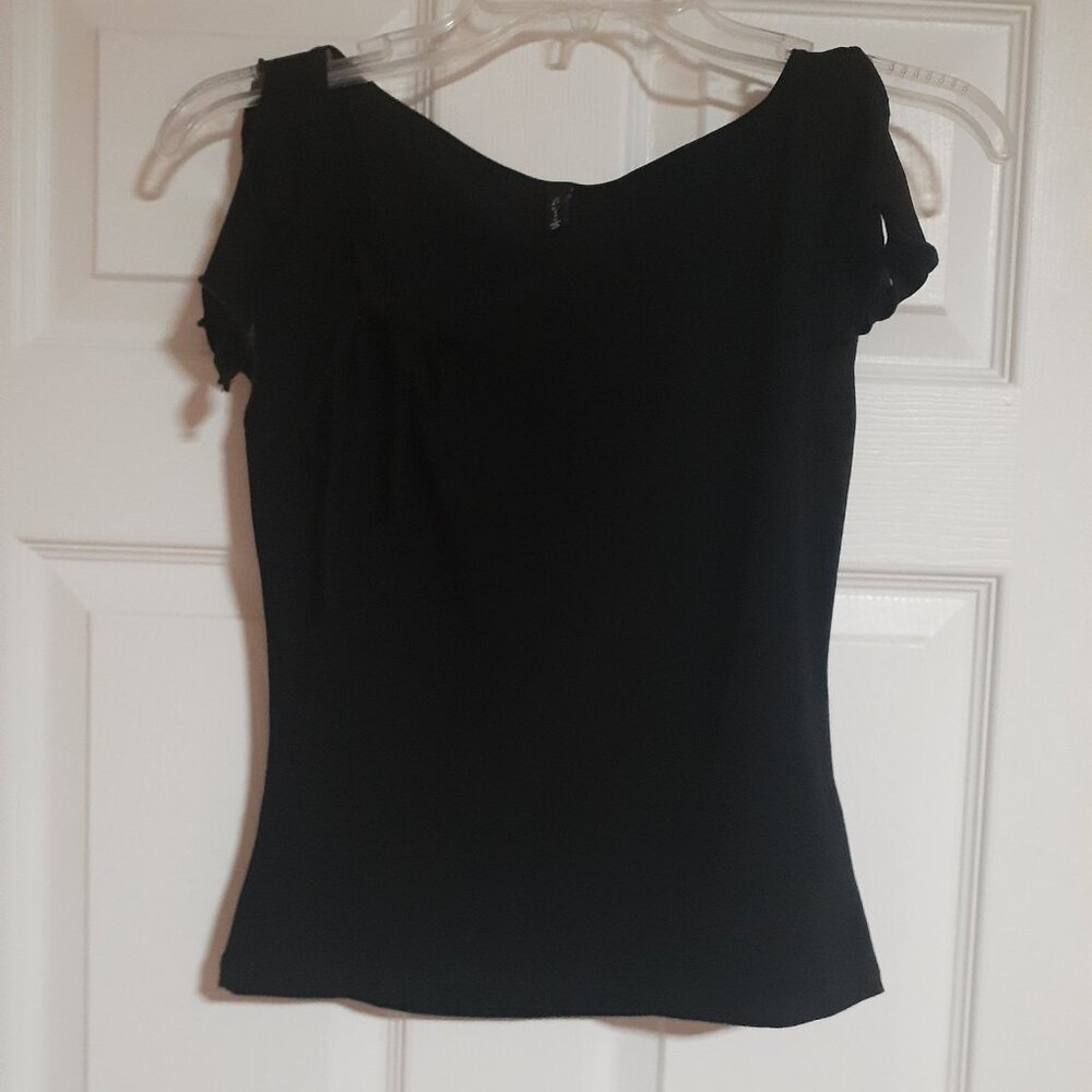 Star City Black Party Cocktail Top Blouse Soft Comfy Stretchy w split sleeves